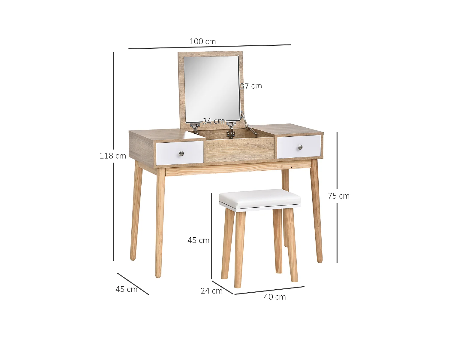 Tavolo da trucco moderno con specchio organizer gioielli e sgabello