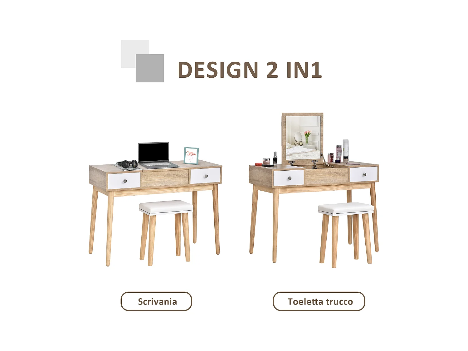 Tavolo da trucco moderno con specchio organizer gioielli e sgabello