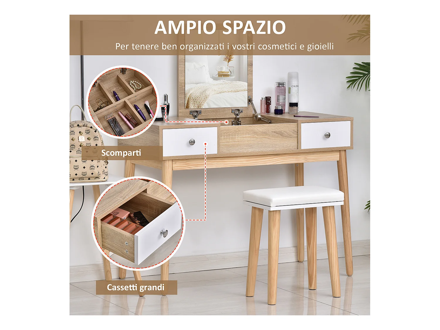 Tavolo da trucco moderno con specchio organizer gioielli e sgabello