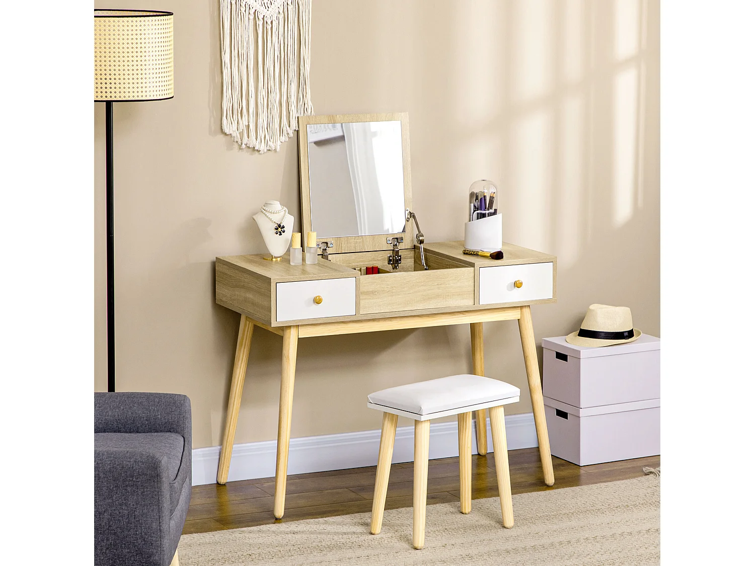 Tavolo da trucco moderno con specchio organizer gioielli e sgabello