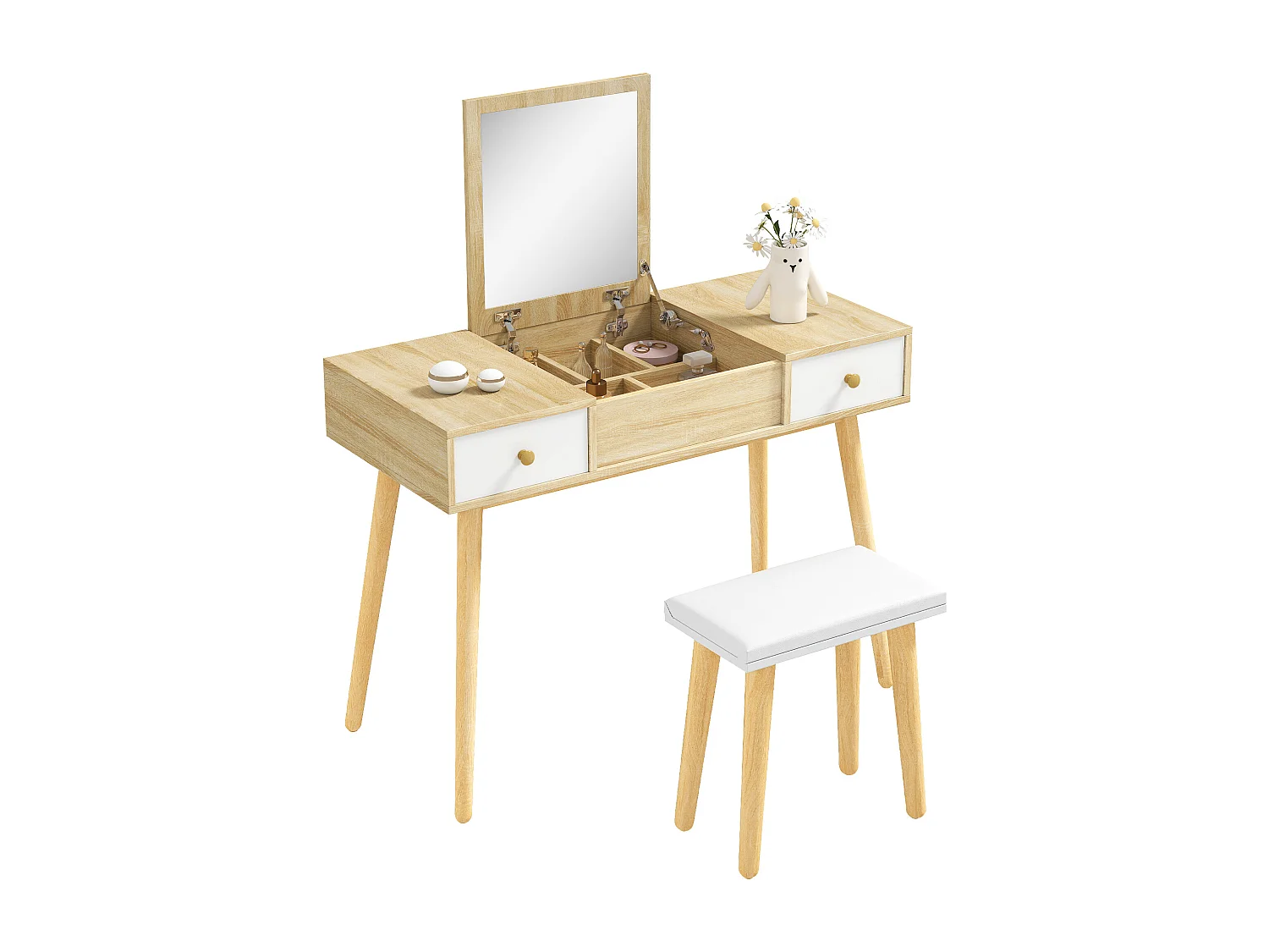 Tavolo da trucco moderno con specchio organizer gioielli e sgabello