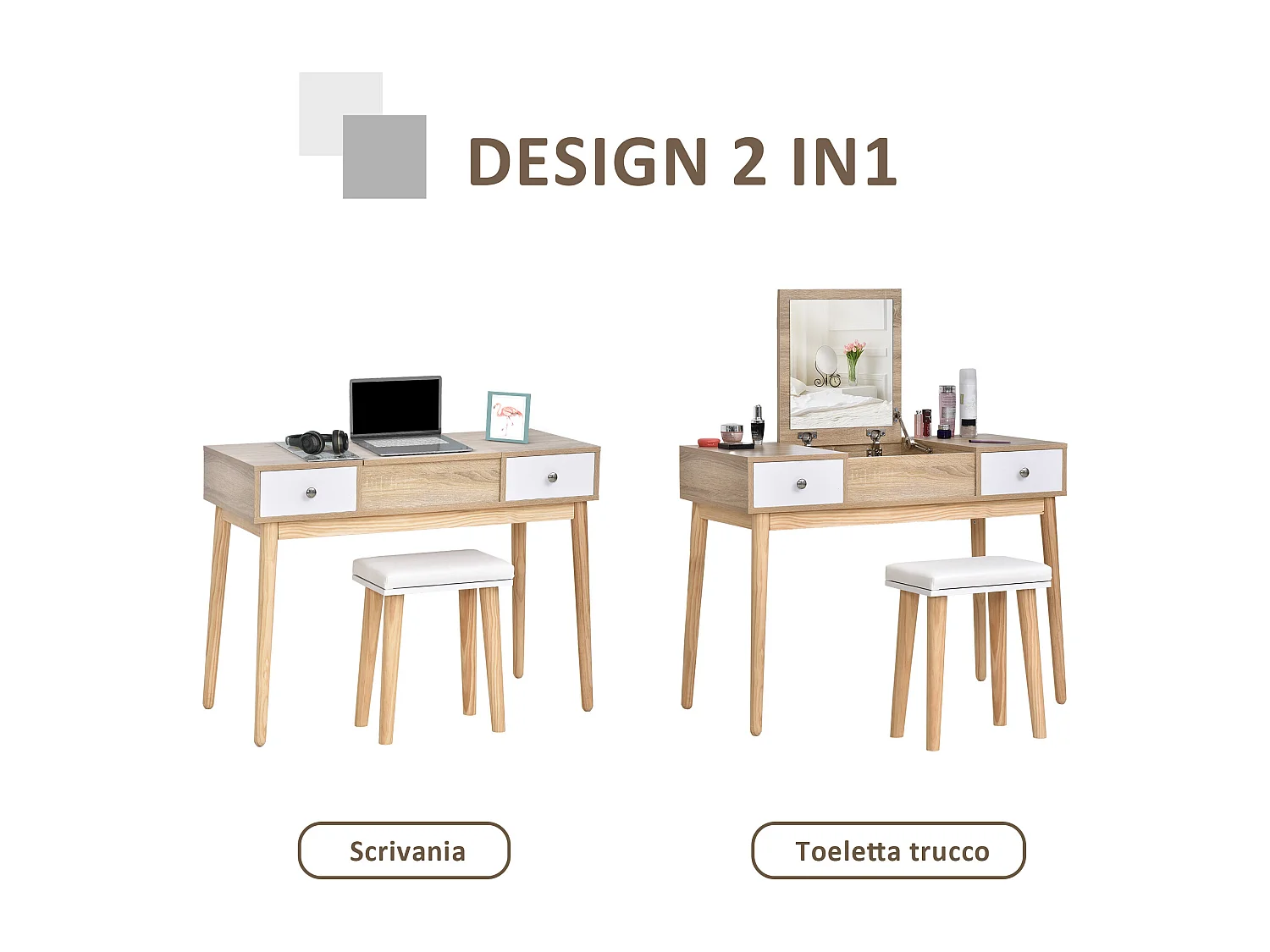 Tavolo da trucco moderno con specchio organizer gioielli e sgabello