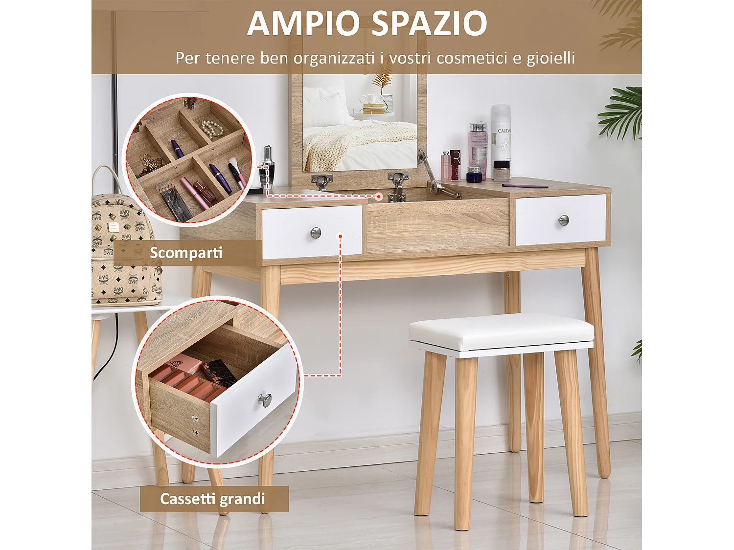 Tavolo da trucco moderno con specchio organizer gioielli e sgabello