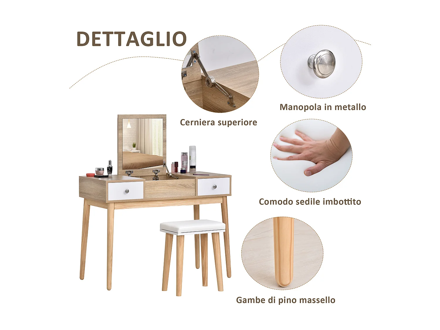 Tavolo da trucco moderno con specchio organizer gioielli e sgabello