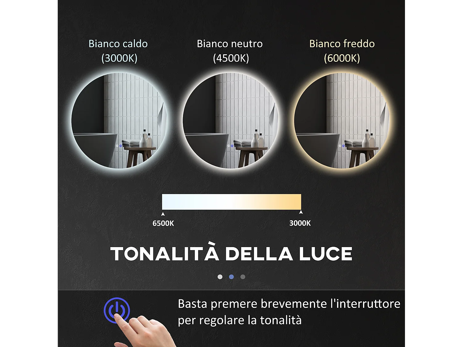 Specchio bagno illuminato regolabile e antiappannamento Ø70cm
