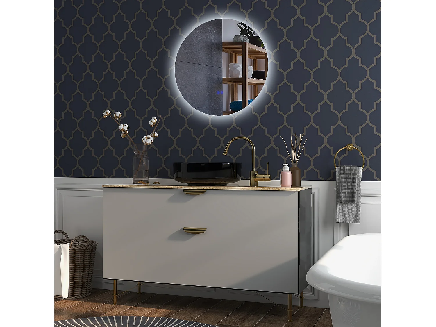 Specchio bagno illuminato regolabile e antiappannamento Ø70cm