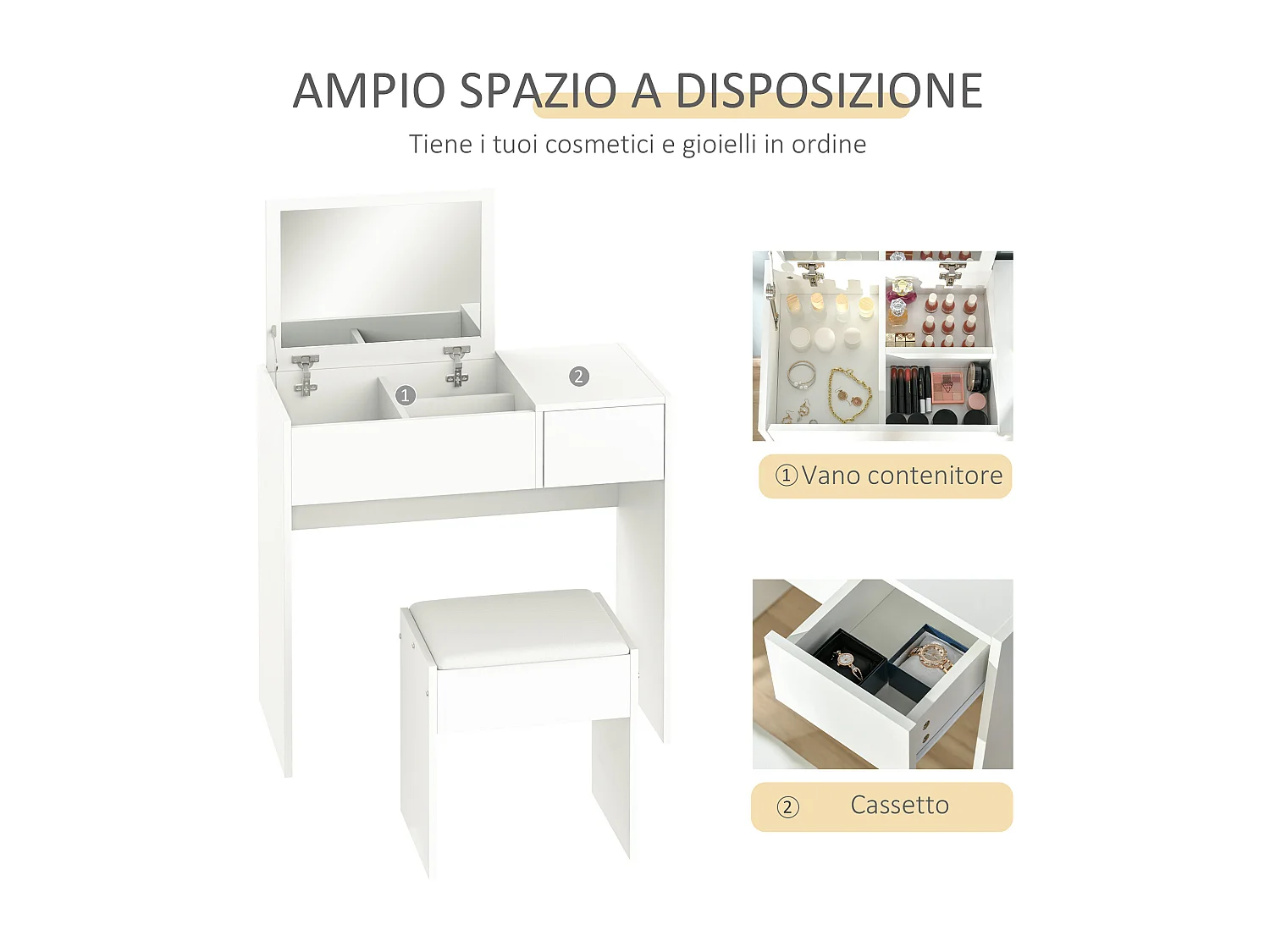 Mobile da trucco con specchio a scomparsa sgabello e cassetto bianco
