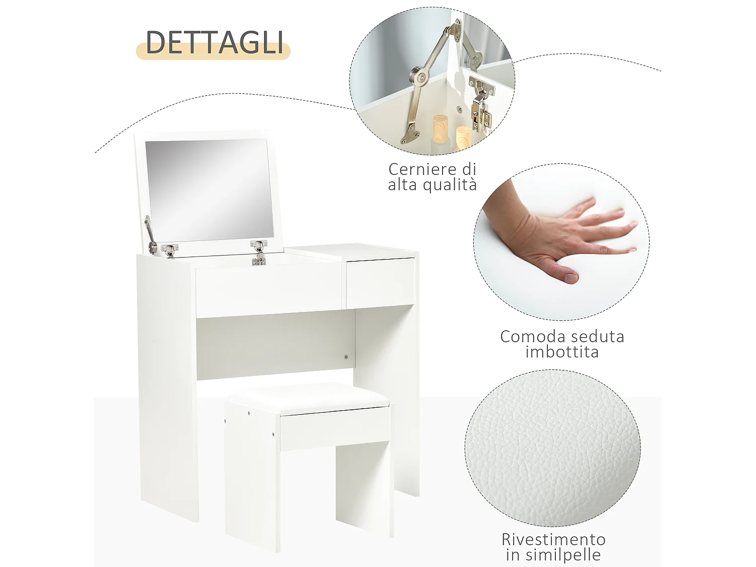 Mobile da trucco con specchio a scomparsa sgabello e cassetto bianco