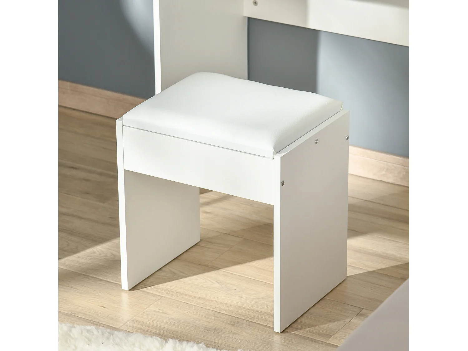 Mobile da trucco con specchio a scomparsa sgabello e cassetto bianco