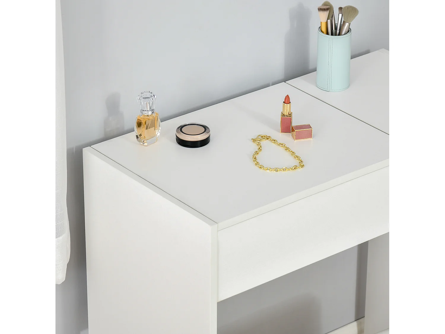 Mobile da trucco con specchio a scomparsa sgabello e cassetto bianco