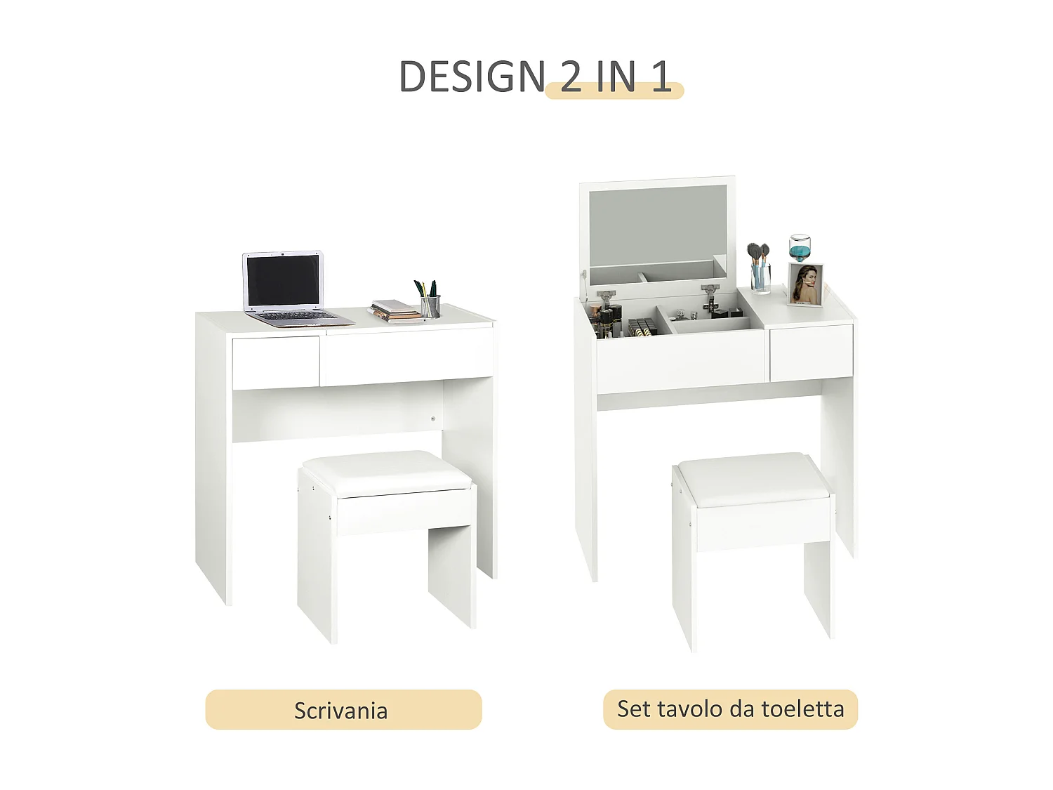 Mobile da trucco con specchio a scomparsa sgabello e cassetto bianco