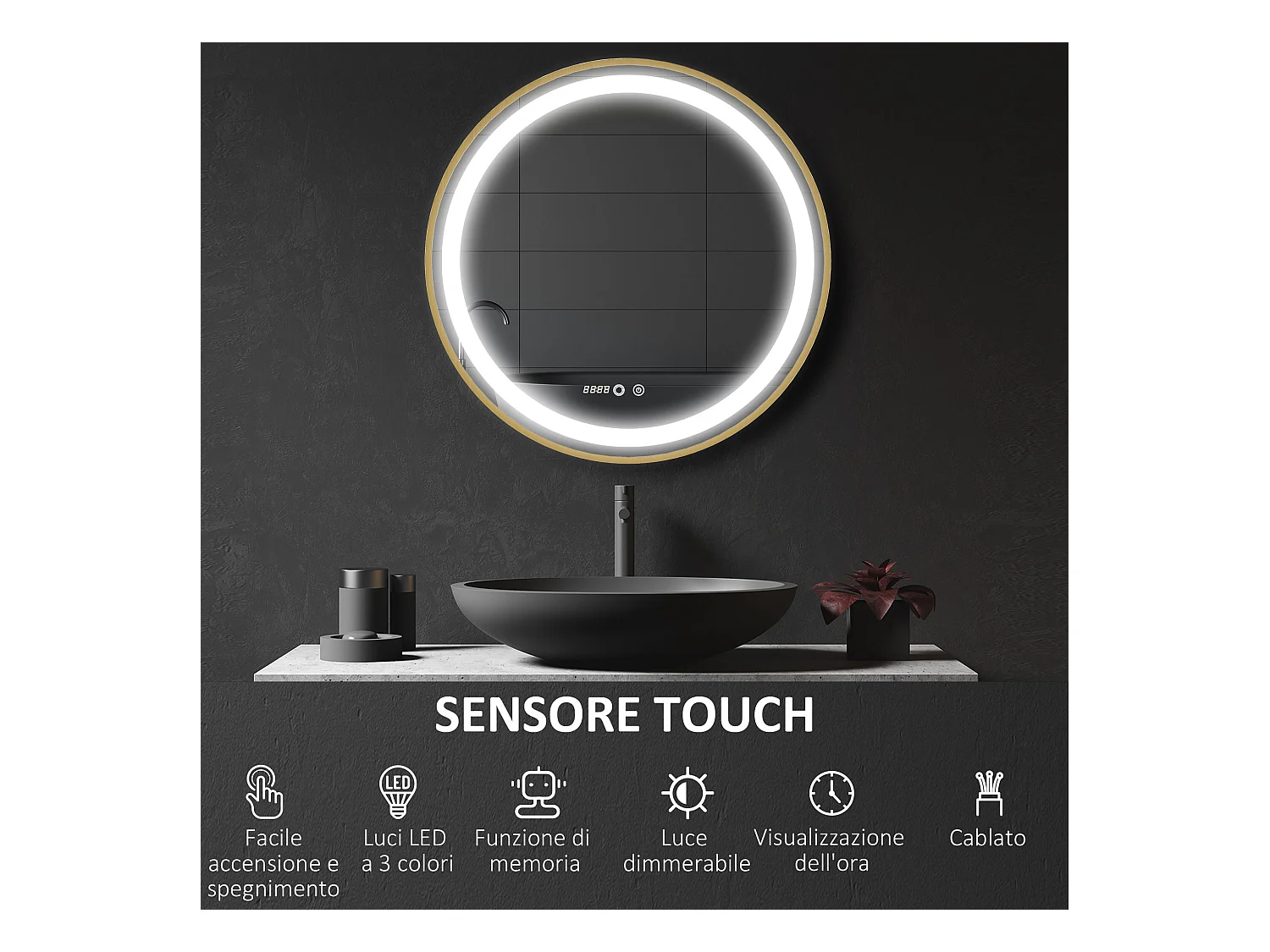 Specchio bagno con luce led regolabile e funzione memoria oro