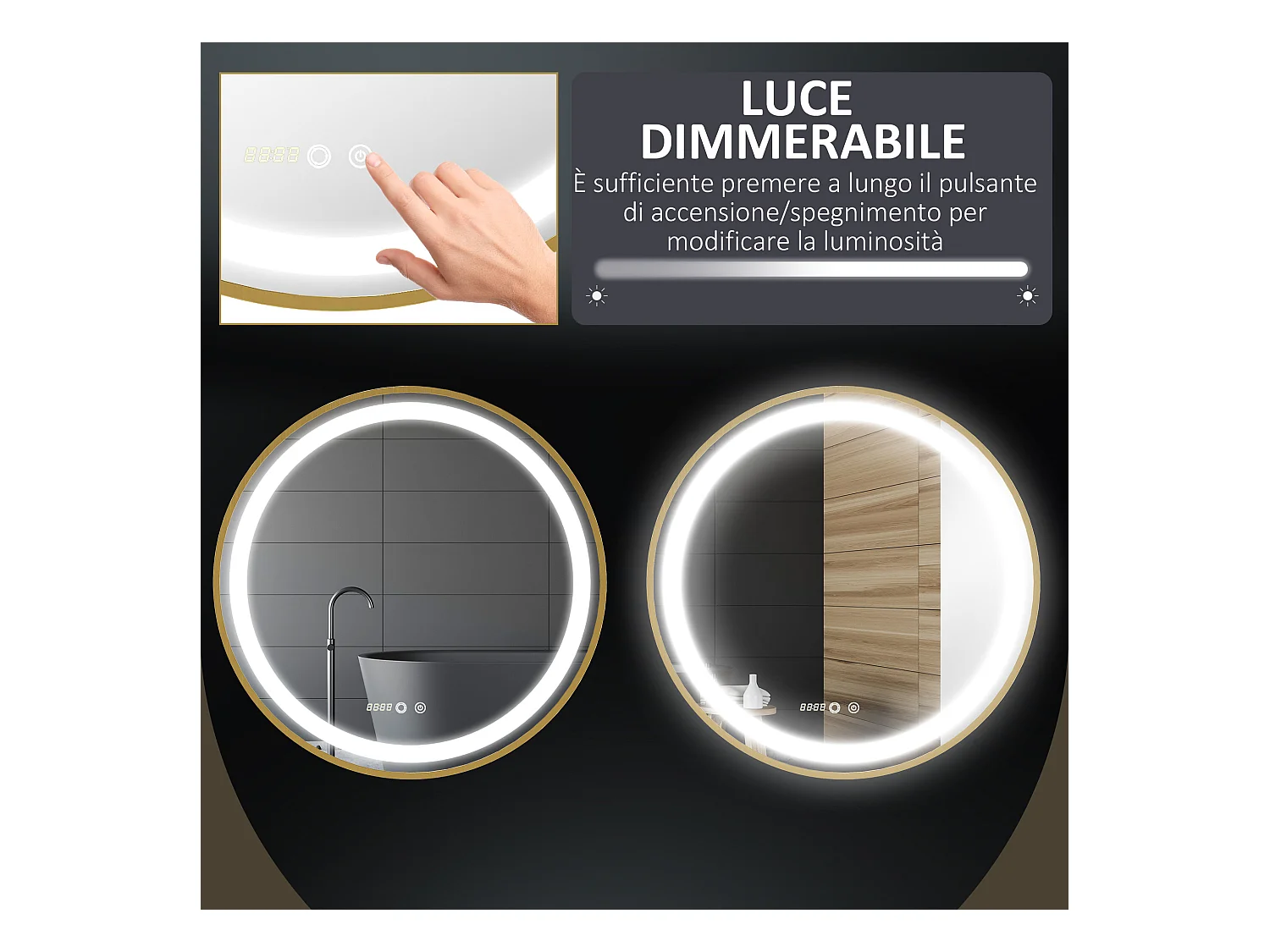 Specchio bagno con luce led regolabile e funzione memoria oro