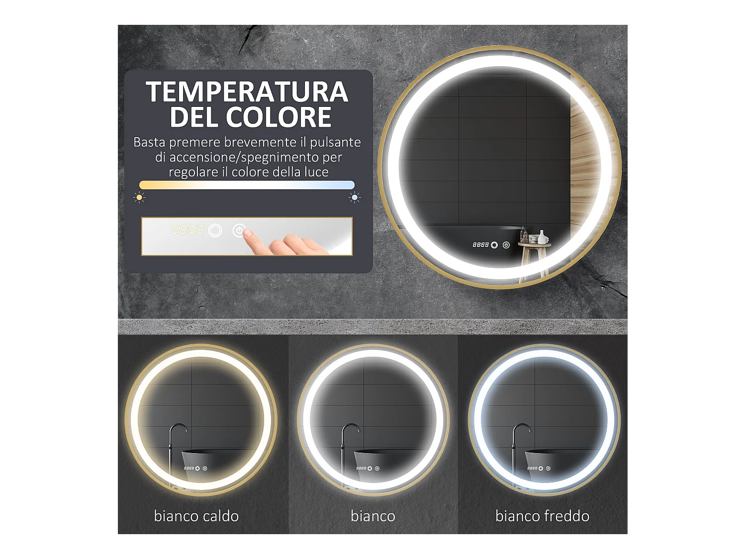 Specchio bagno con luce led regolabile e funzione memoria oro
