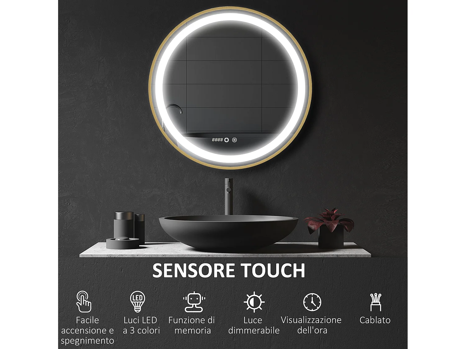 Specchio bagno con luce led regolabile e funzione memoria oro