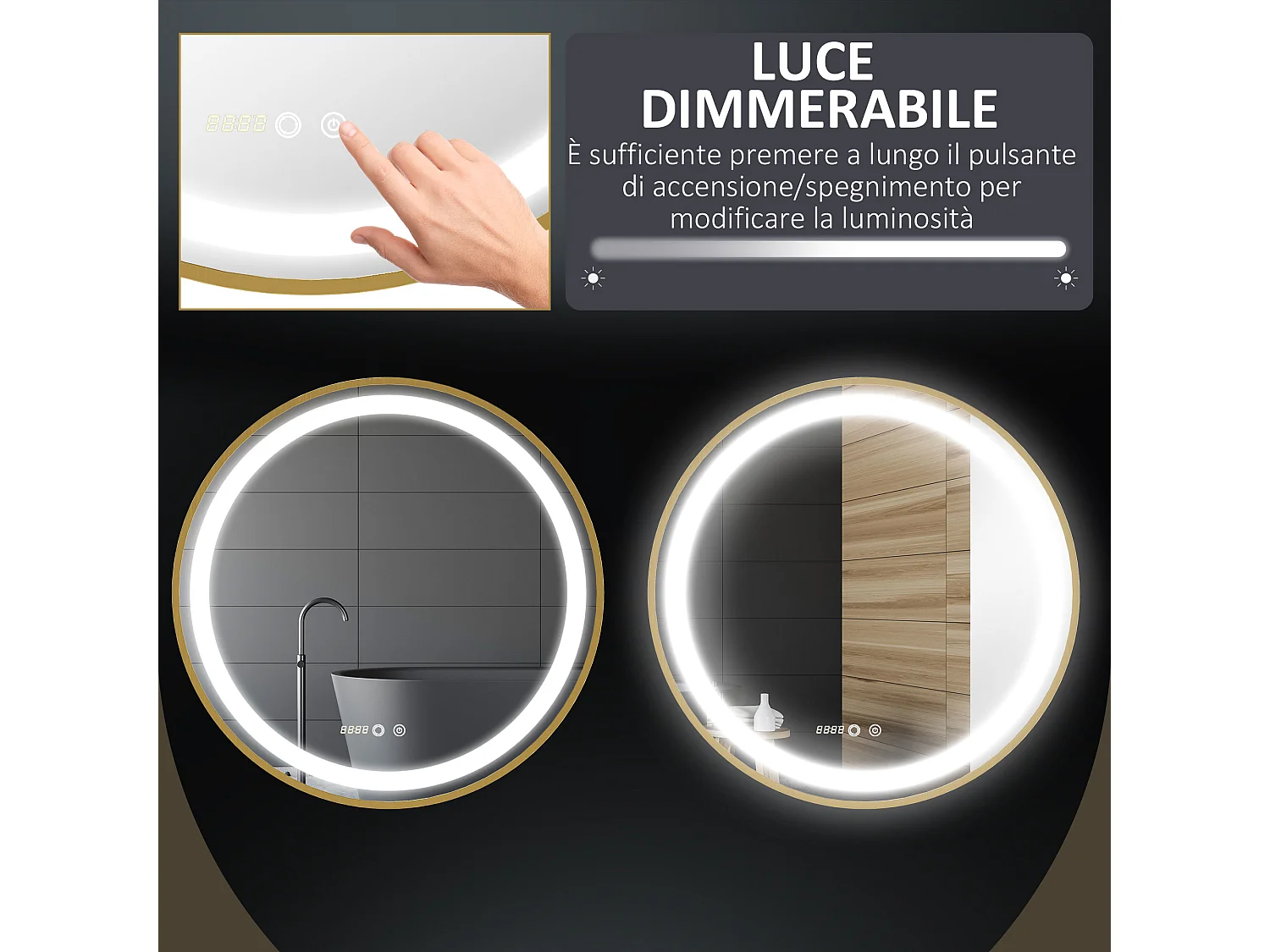 Specchio bagno con luce led regolabile e funzione memoria oro