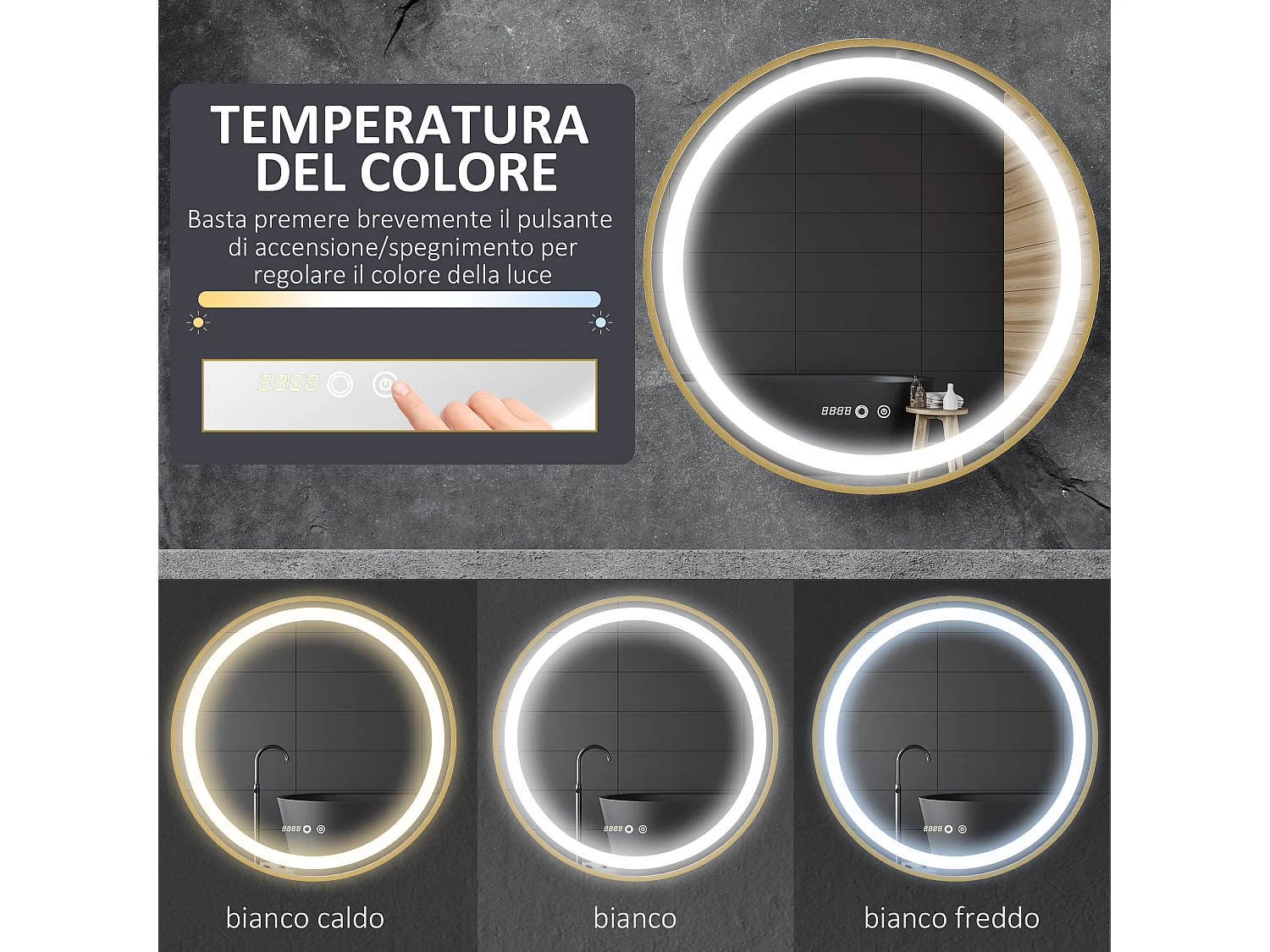 Specchio bagno con luce led regolabile e funzione memoria oro