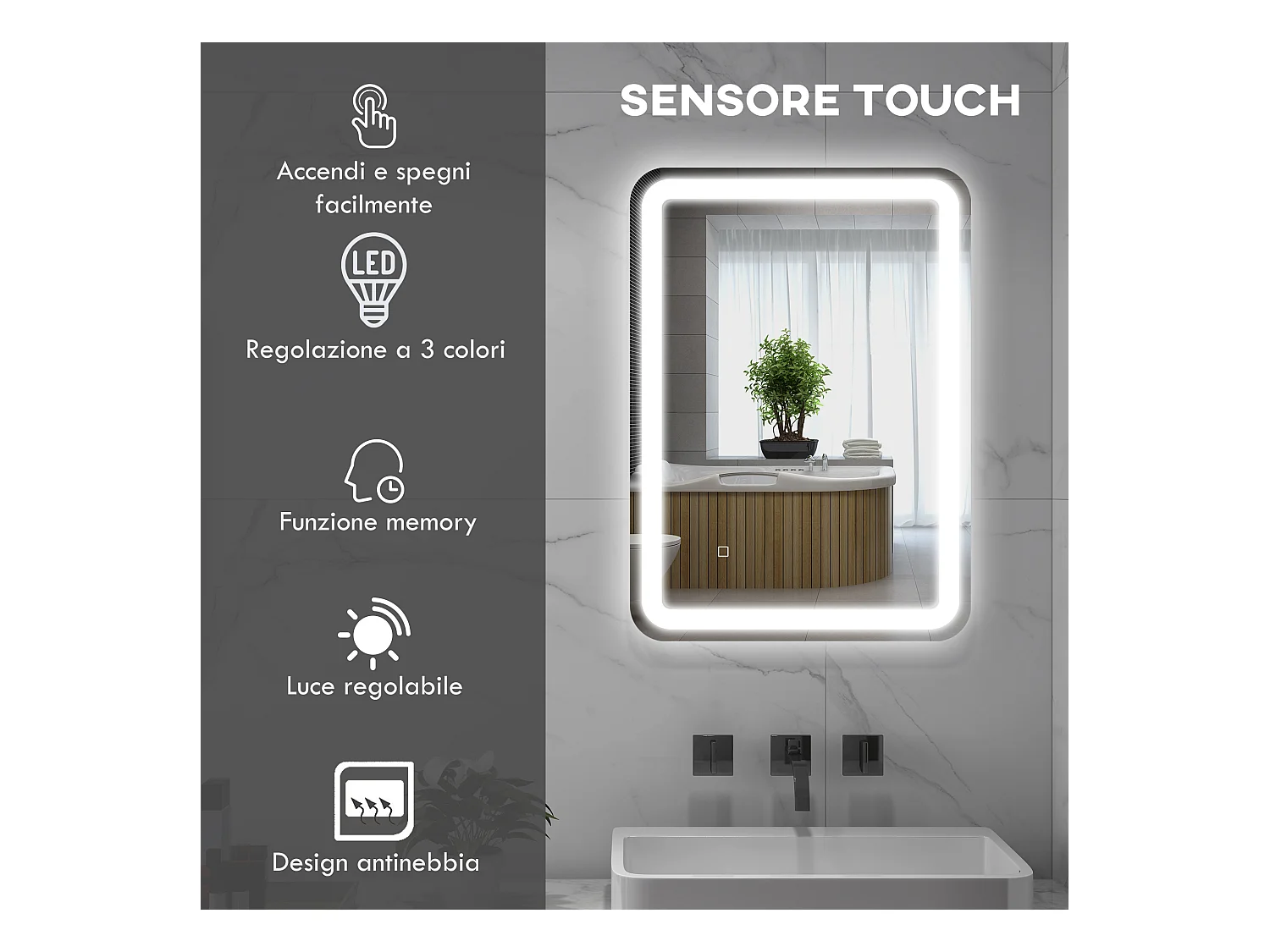 Specchio bagno con interruttore touch luce led e antiappannamento