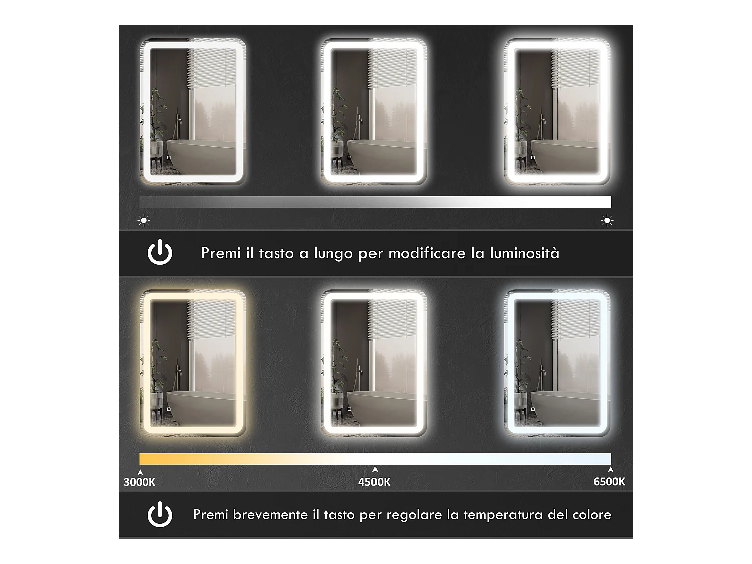 Specchio bagno con interruttore touch luce led e antiappannamento