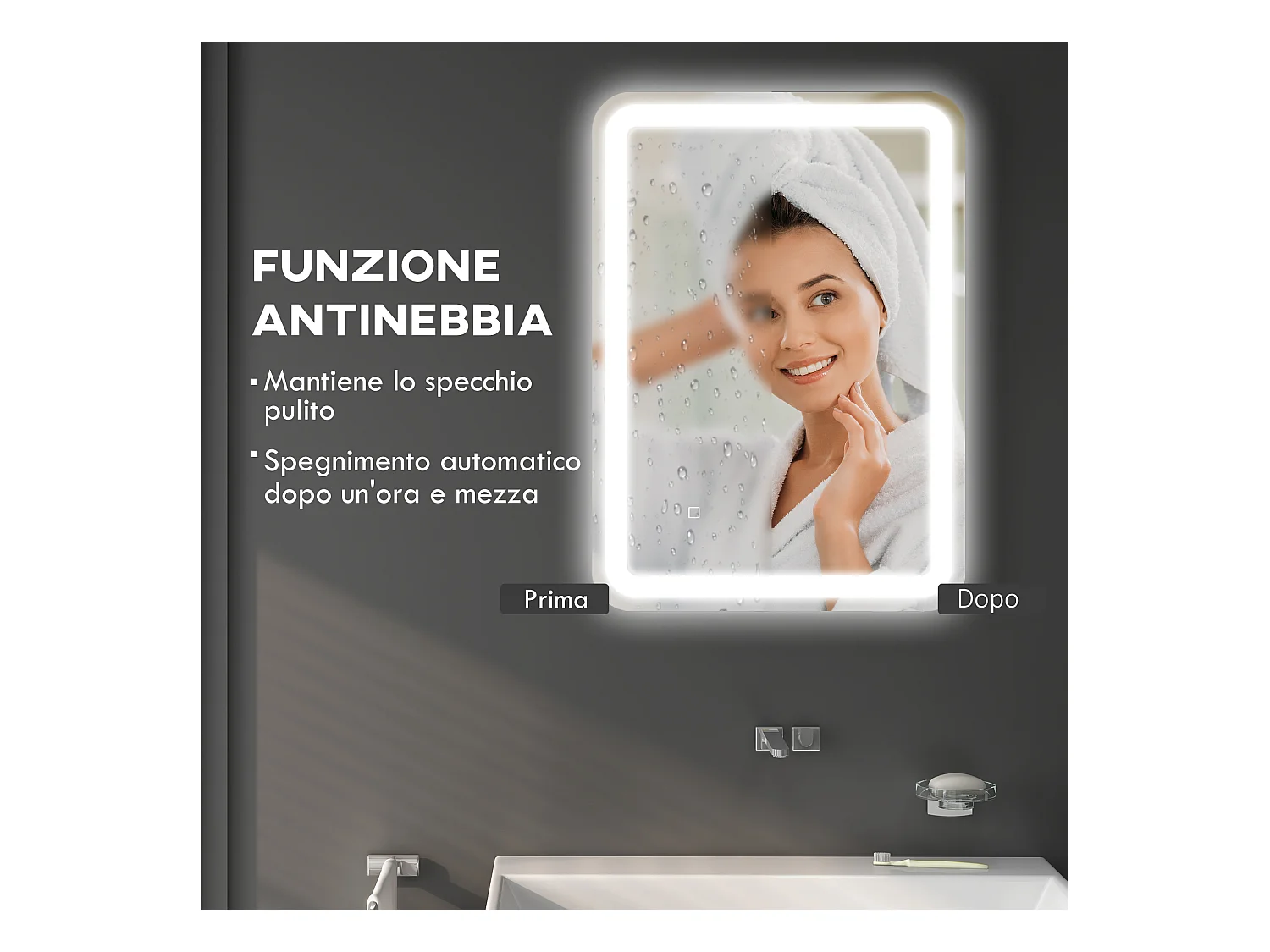 Specchio bagno con interruttore touch luce led e antiappannamento