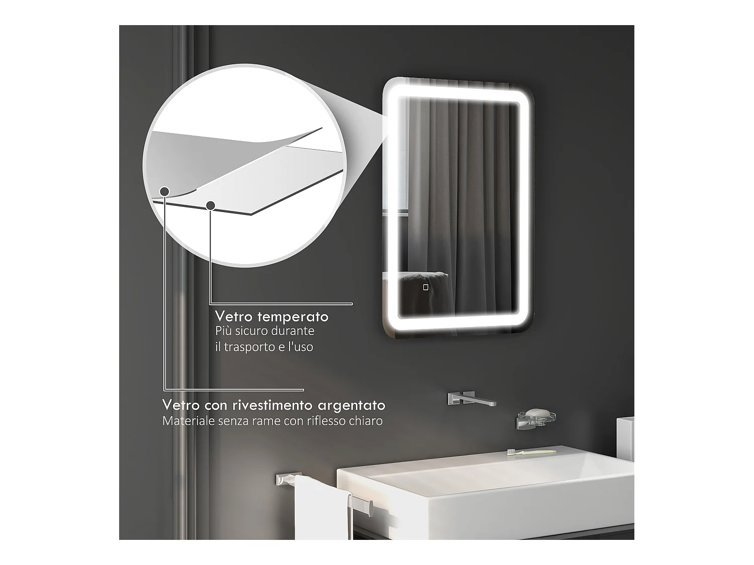 Specchio bagno con interruttore touch luce led e antiappannamento