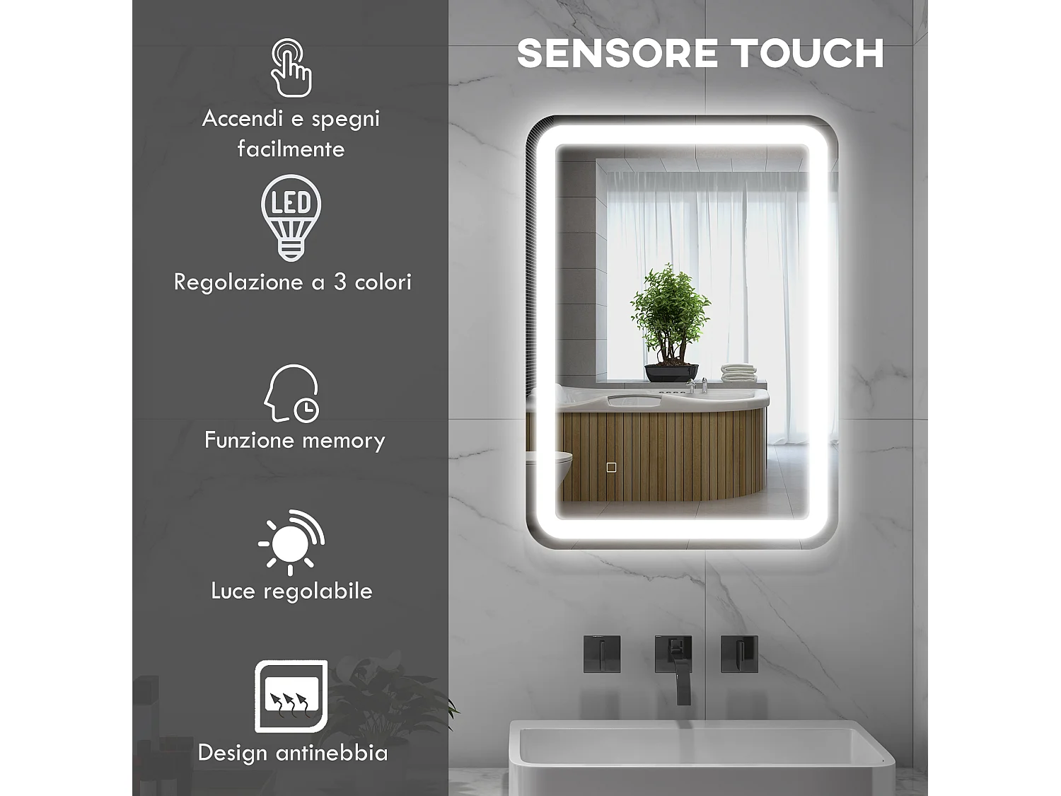 Specchio bagno con interruttore touch luce led e antiappannamento