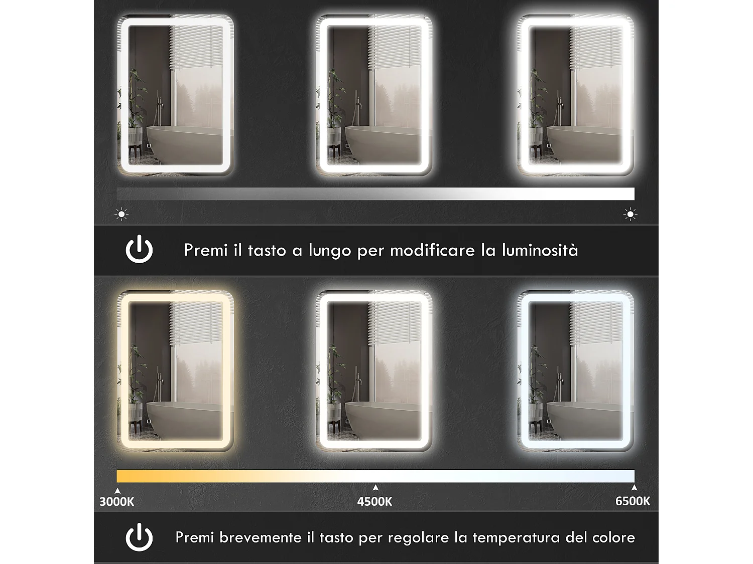 Specchio bagno con interruttore touch luce led e antiappannamento