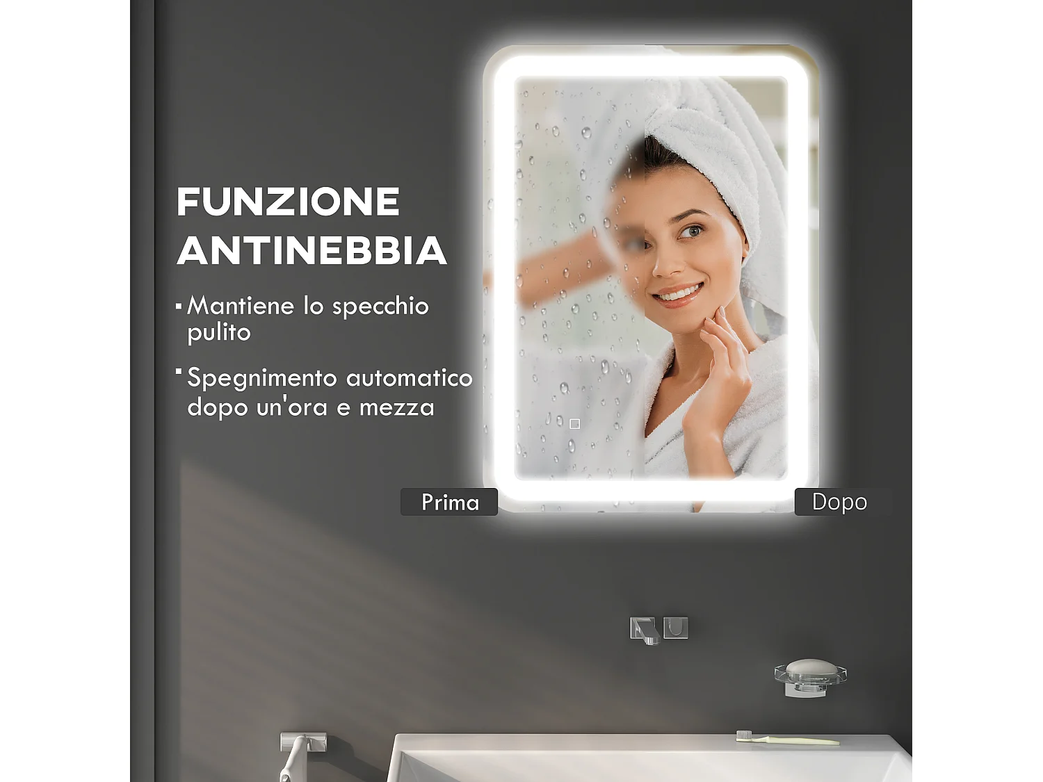 Specchio bagno con interruttore touch luce led e antiappannamento
