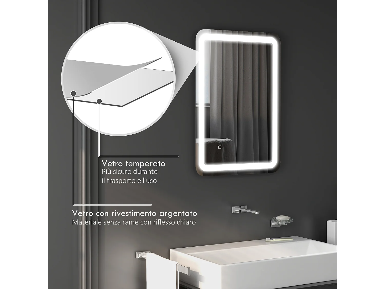 Specchio bagno con interruttore touch luce led e antiappannamento