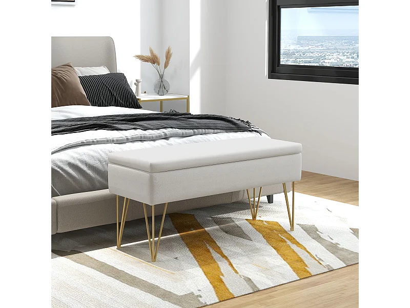 Panca fondo letto imbottita con contenitore in tessuto crema