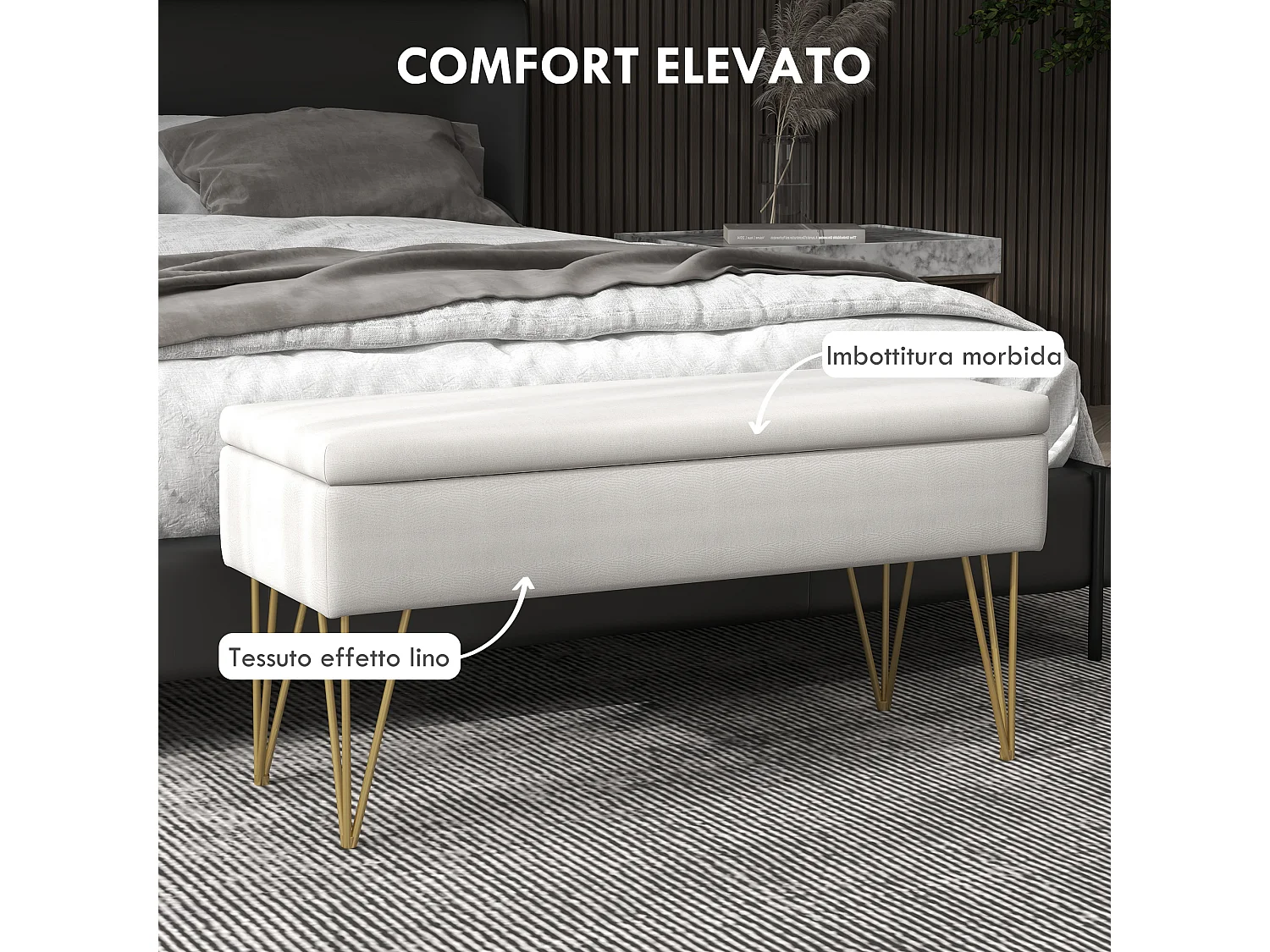 Panca fondo letto imbottita con contenitore in tessuto crema