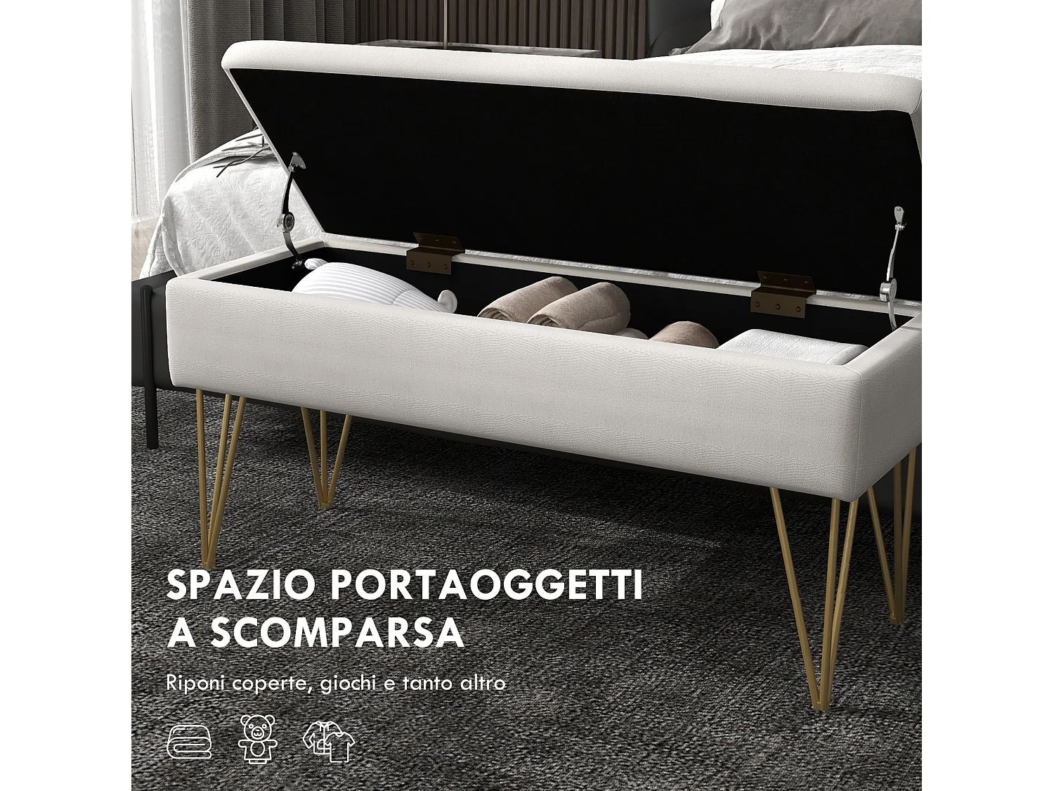 Panca fondo letto imbottita con contenitore in tessuto crema