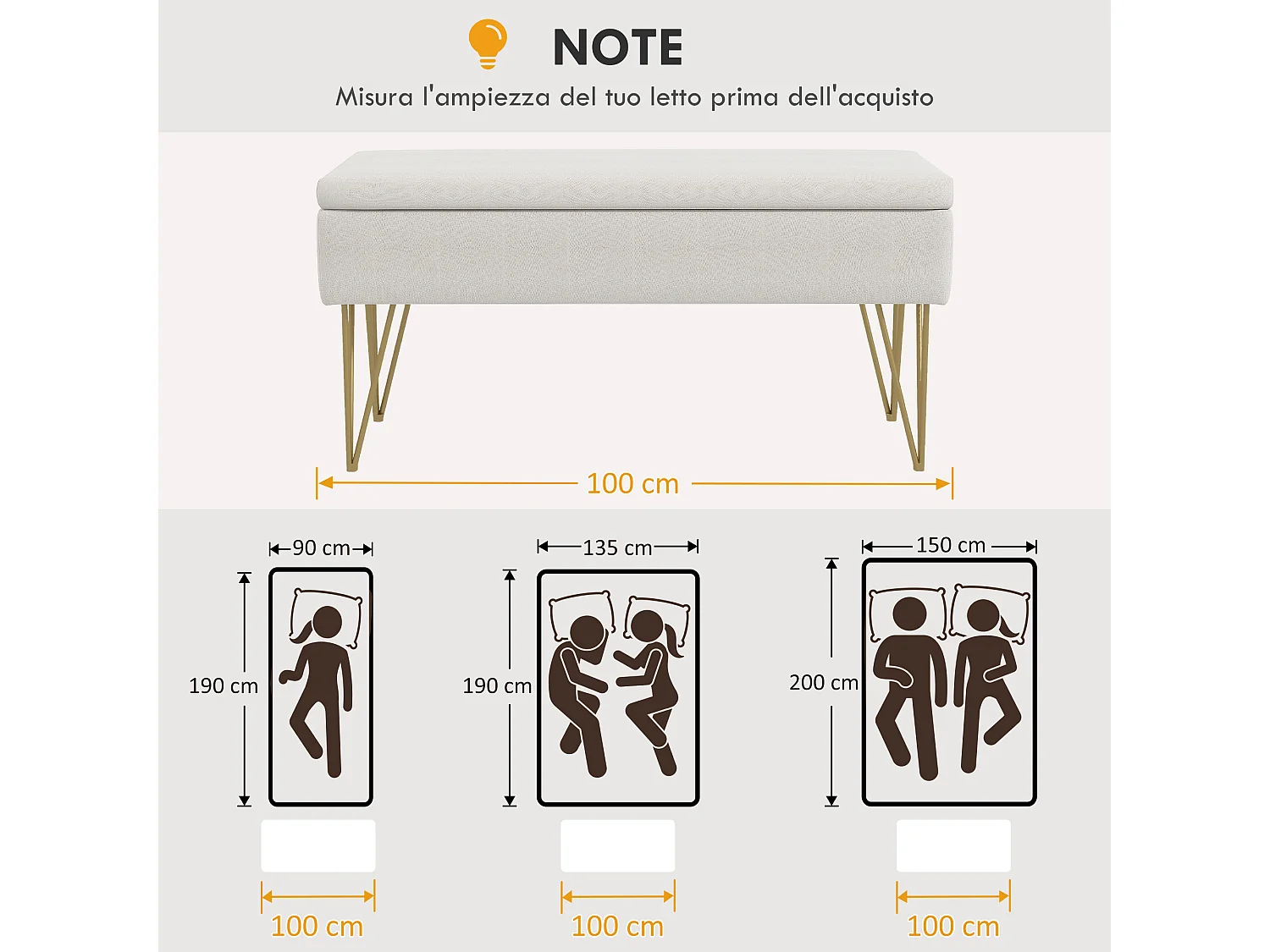 Panca fondo letto imbottita con contenitore in tessuto crema