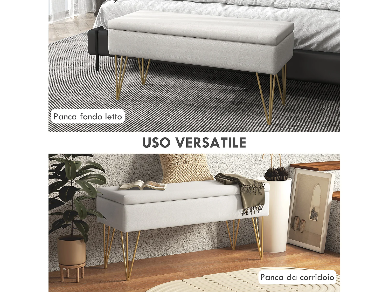 Panca fondo letto imbottita con contenitore in tessuto crema