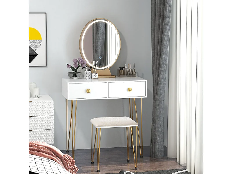 Toeletta con specchio in stile industriale con luci e sgabello