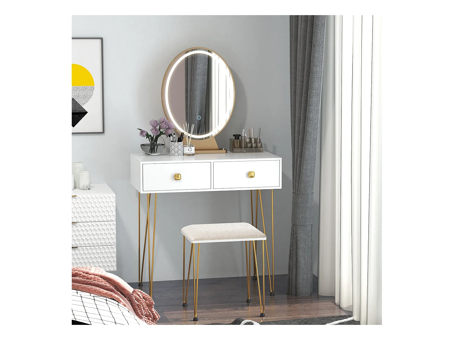 Toeletta con specchio in stile industriale con luci e sgabello