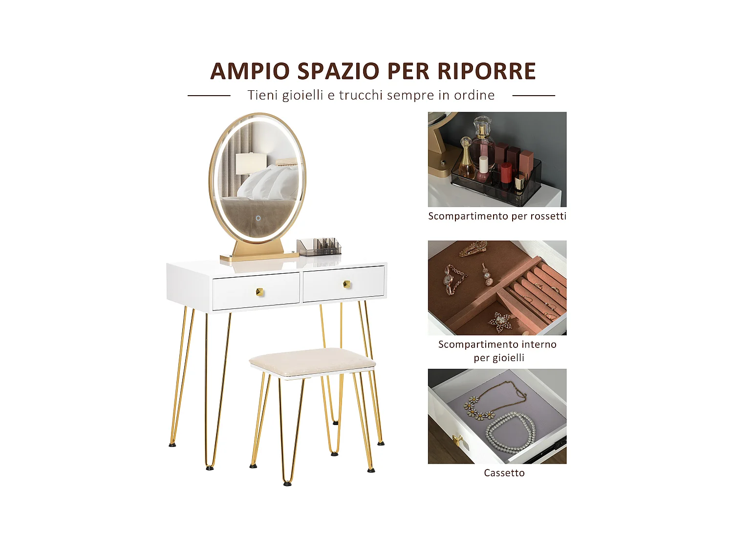 Toeletta con specchio in stile industriale con luci e sgabello