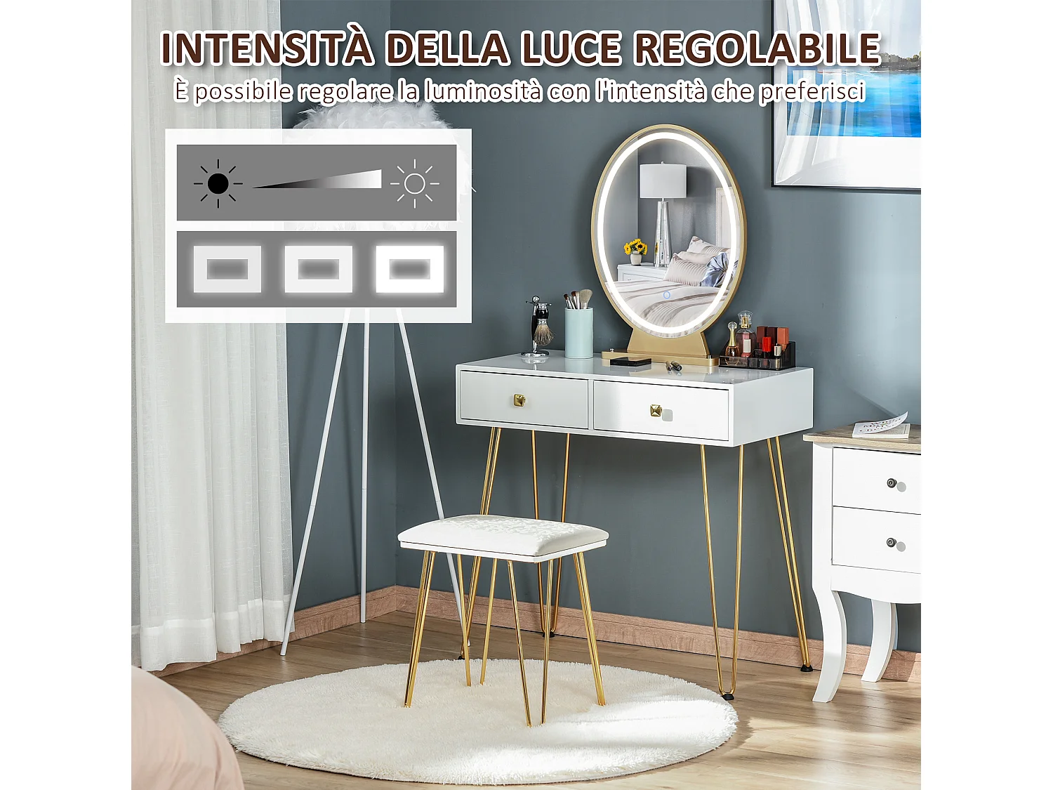 Toeletta con specchio in stile industriale con luci e sgabello