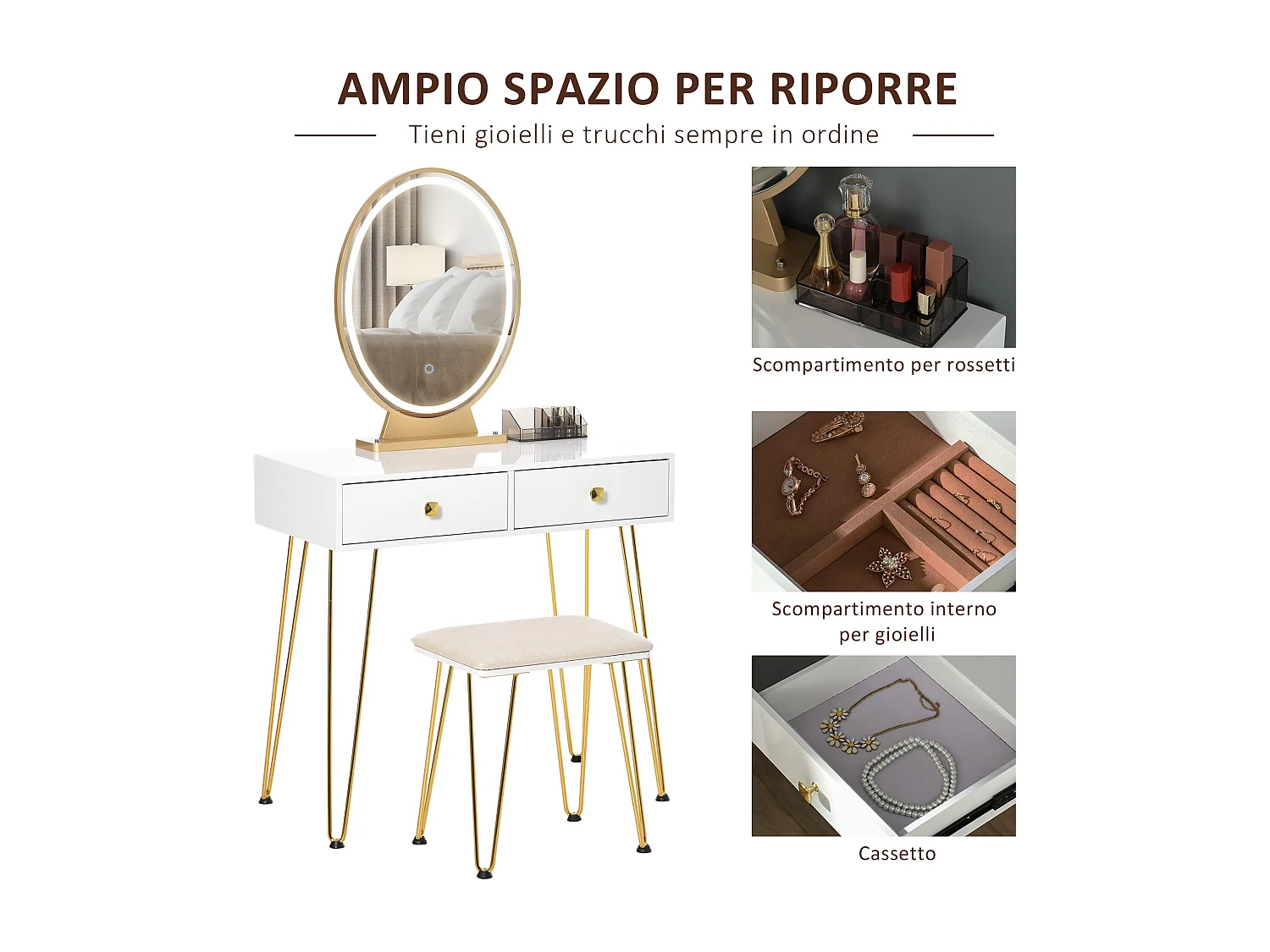 Toeletta con specchio in stile industriale con luci e sgabello