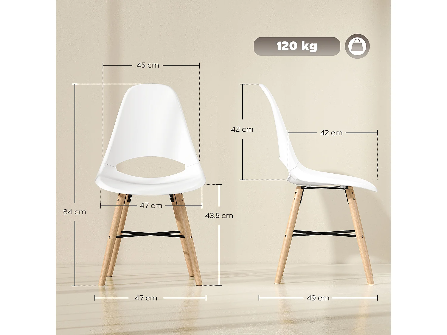 Set di 2 sedie da pranzo stile nordico in legno e plastica bianco