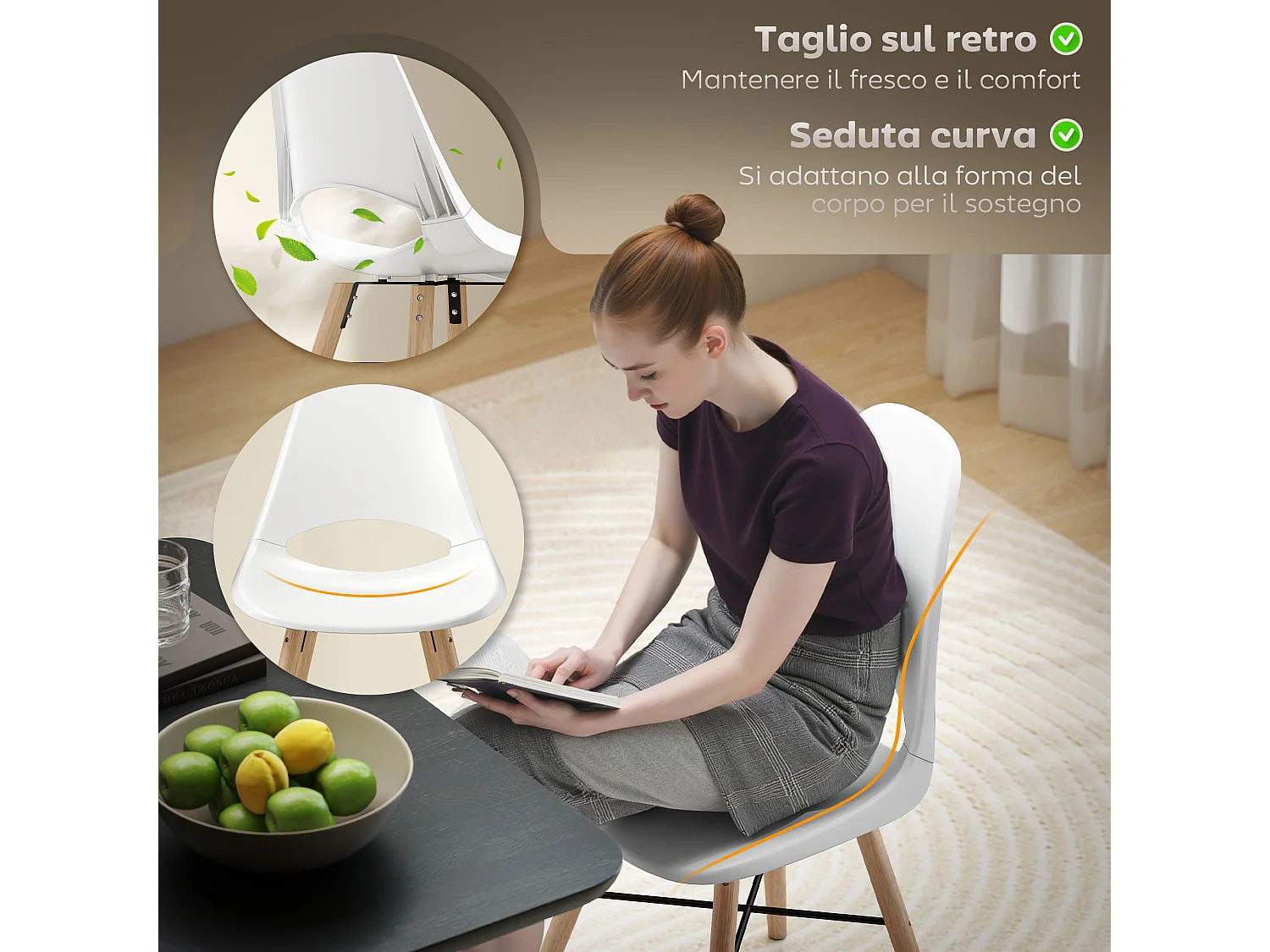 Set di 2 sedie da pranzo stile nordico in legno e plastica bianco