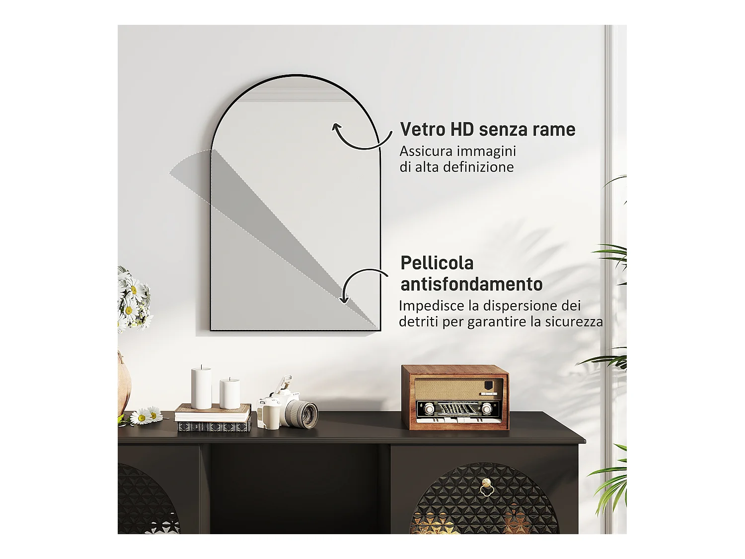 Specchio bagno ad arco 60x90 cm in lega di alluminio nero