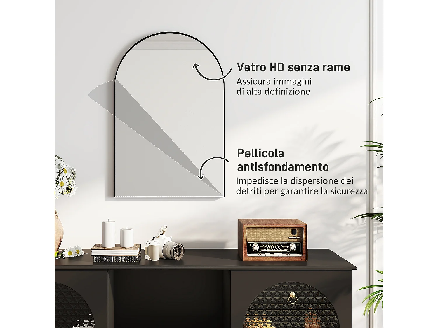 Specchio bagno ad arco 60x90 cm in lega di alluminio nero