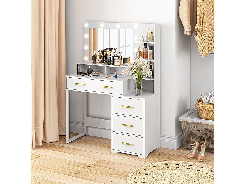 Tavolo da trucco 4 cassetti 6 ripiani e specchio in legno bianco