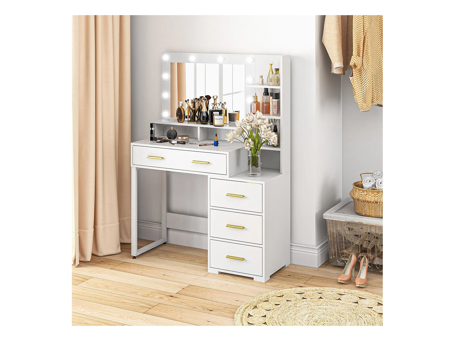 Tavolo da trucco 4 cassetti 6 ripiani e specchio in legno bianco