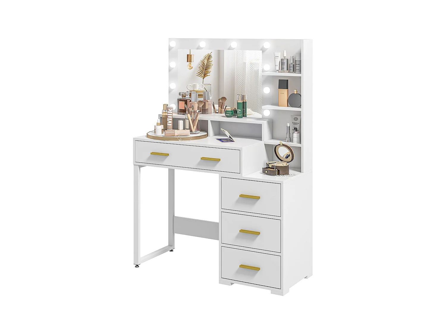 Tavolo da trucco 4 cassetti 6 ripiani e specchio in legno bianco