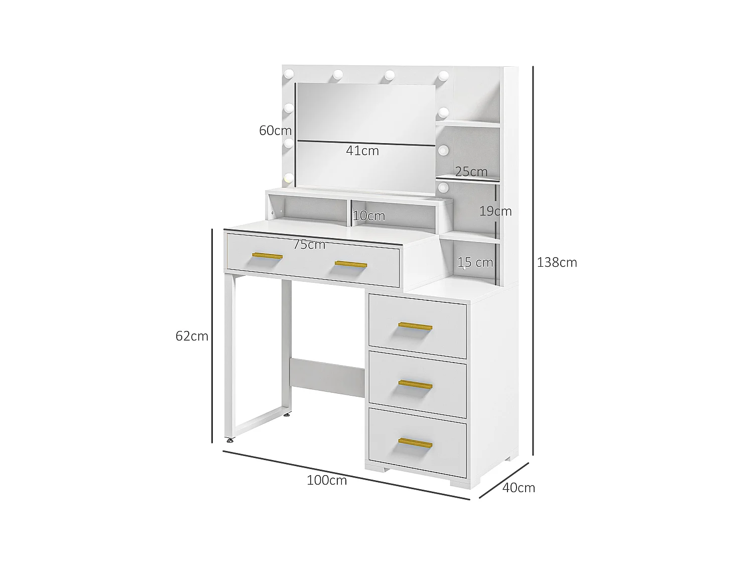 Tavolo da trucco 4 cassetti 6 ripiani e specchio in legno bianco
