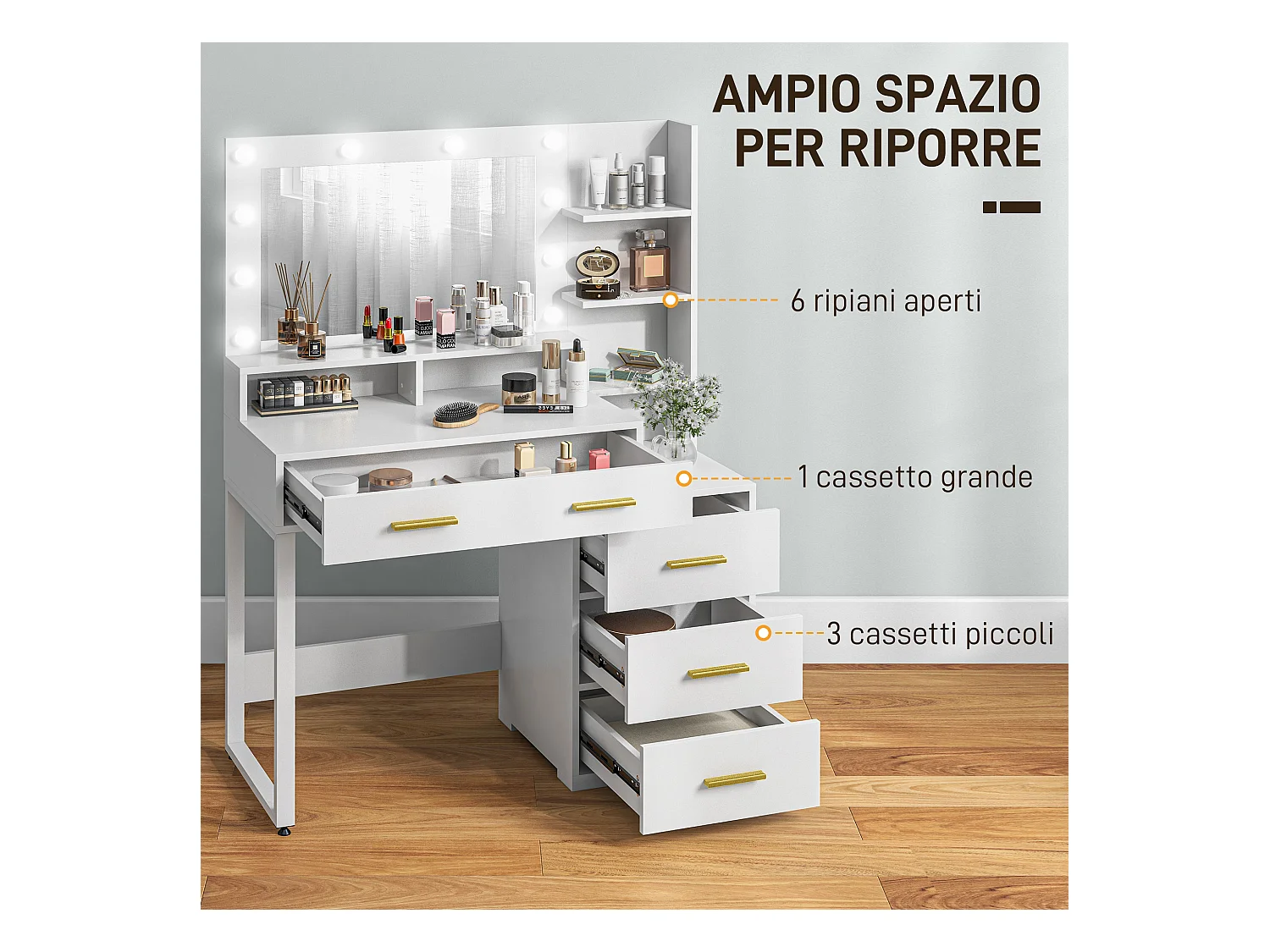 Tavolo da trucco 4 cassetti 6 ripiani e specchio in legno bianco