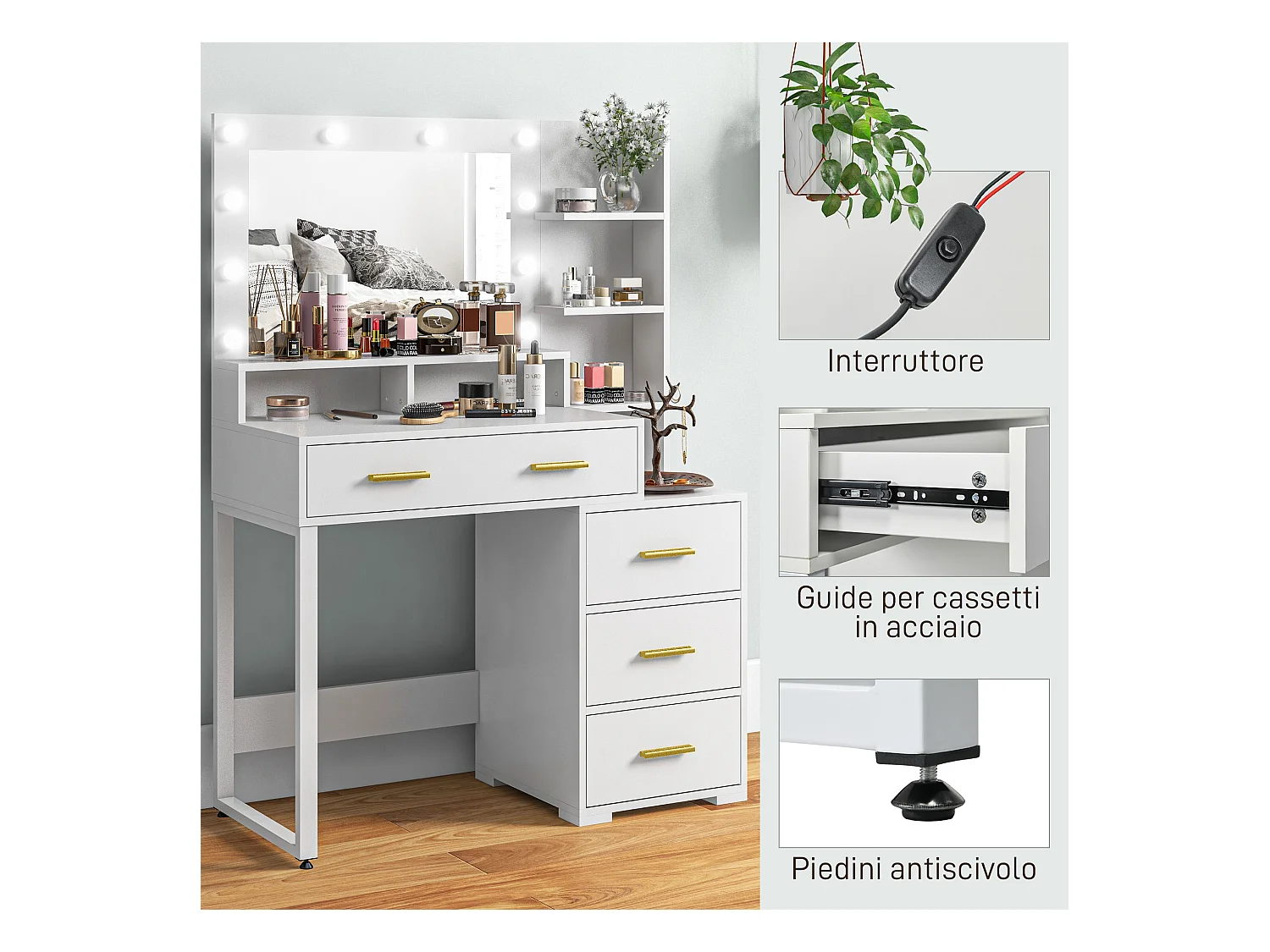 Tavolo da trucco 4 cassetti 6 ripiani e specchio in legno bianco