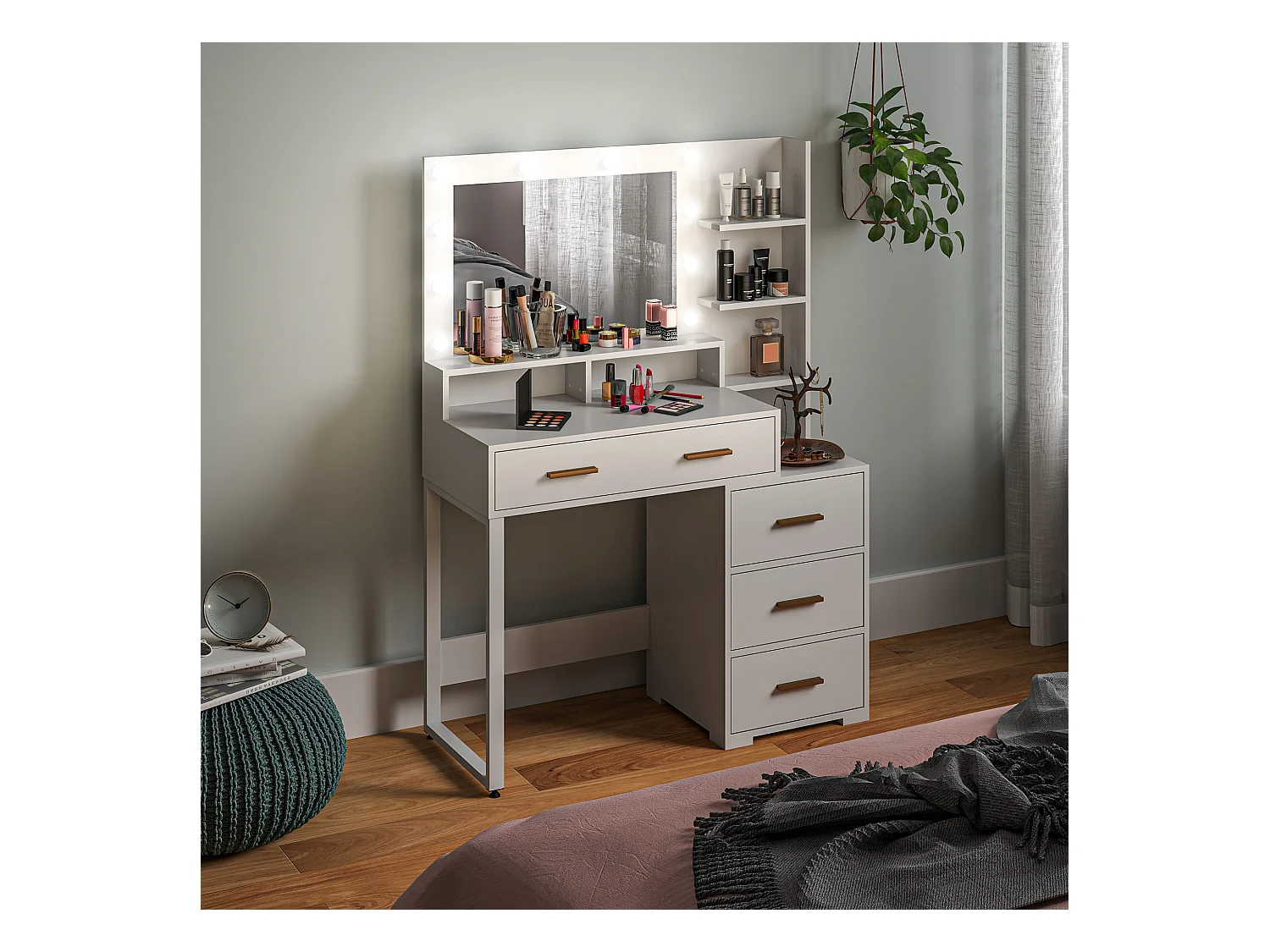 Tavolo da trucco 4 cassetti 6 ripiani e specchio in legno bianco